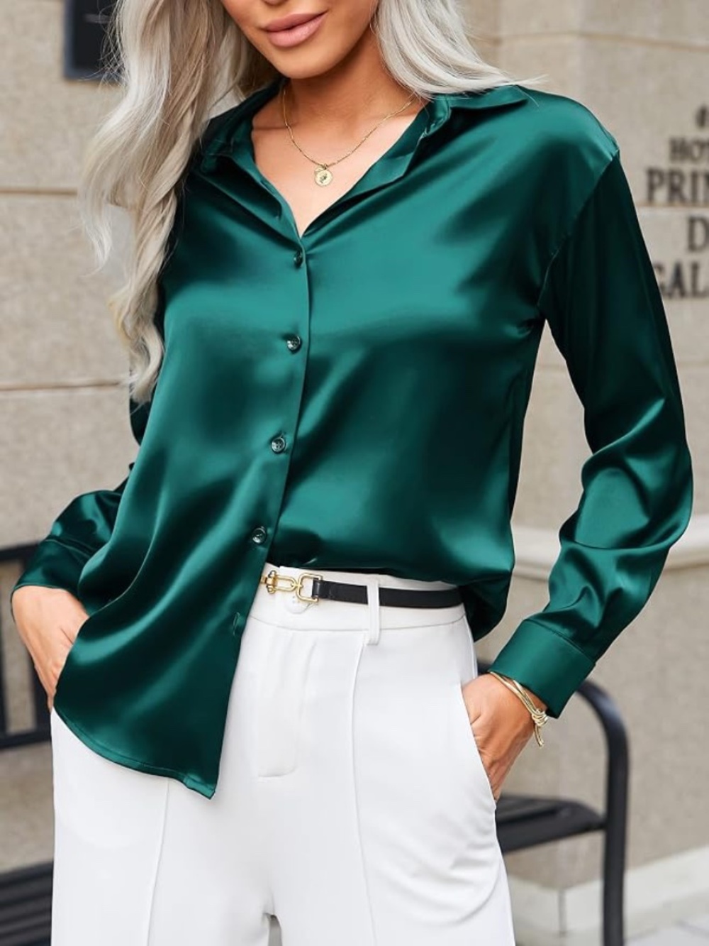 HoTouch Satin Emerald Green Button-Up Top Long Sleeve Size XXL